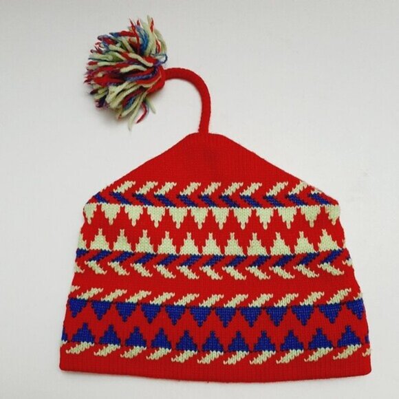 Retro 80's CAPPELLO 100% Wool Intarsia Geo Pattern Knit Beanie Hat w/ Pom-Pom OS - Picture 4 of 14